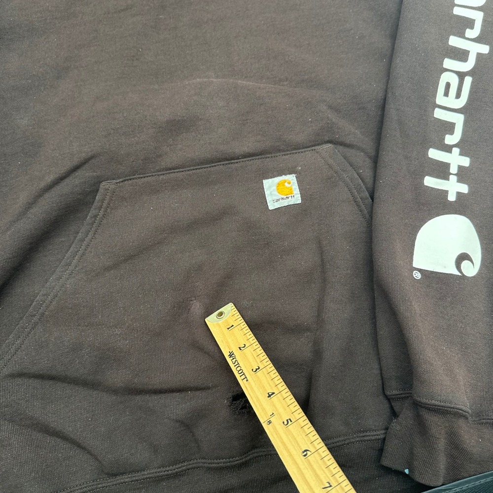 Carhartt K288 DKB Mens Large Brown Midweight Logo Sleeve Hoodie Thrashed READ - Picture 3 of 10